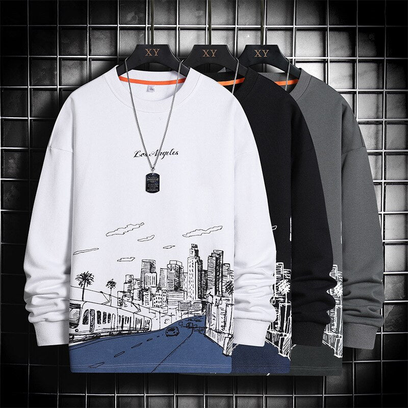 New Men Fashion Hoodie Harajuku Printed Round Neck Sweatshirts Men Hoodies Long Sleeve Loose Casual Tops Trendy Streetwear