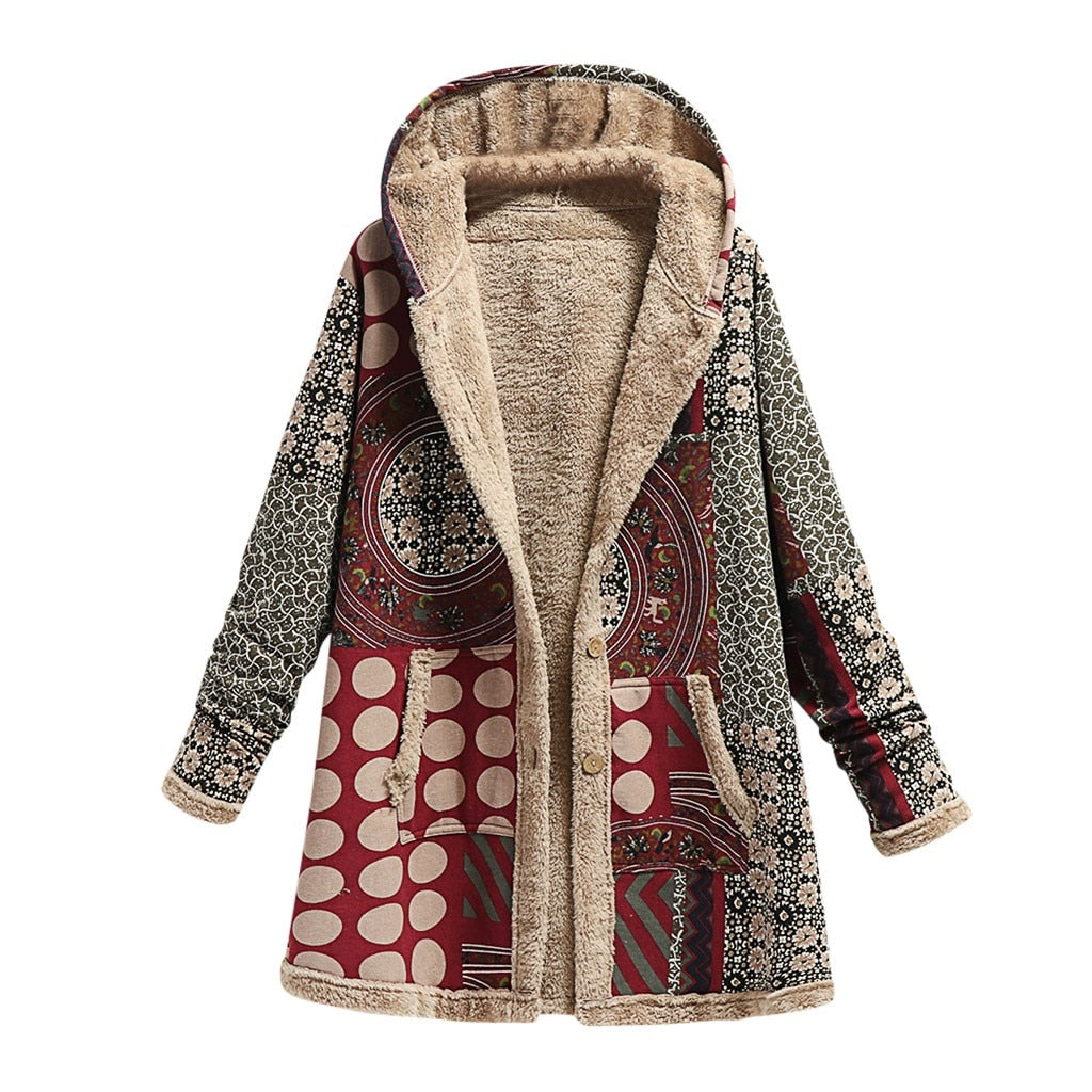 2022 Winter Vintage Women Coat Warm Printing Thick Fleece Hooded Long Jacket with Pocket Ladies Outwear Loose Coat for Women