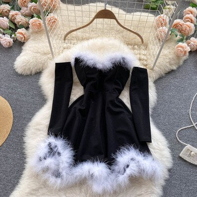 Women Elegant Dress For New Year 2022 Strapless Backless Furry Sexy Short Mini Christmas Dress Navidad Red Party Dress Femme