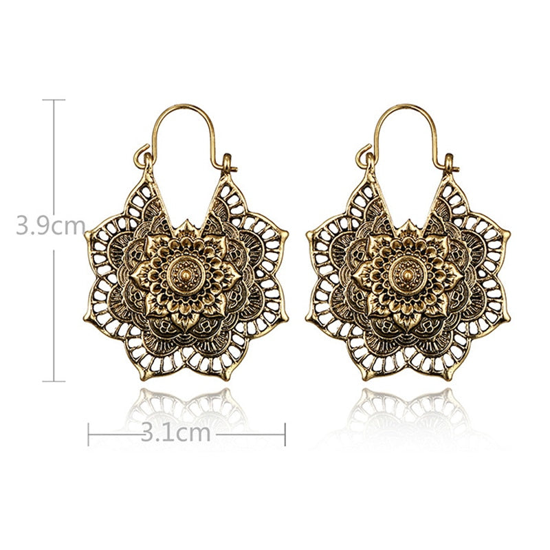 Lotus Skull Mandala Bee Flower Earrings For Women Tribal Brass Gold Hoop Earrings Elegant Boho Ethnic Earrings серьги кольца