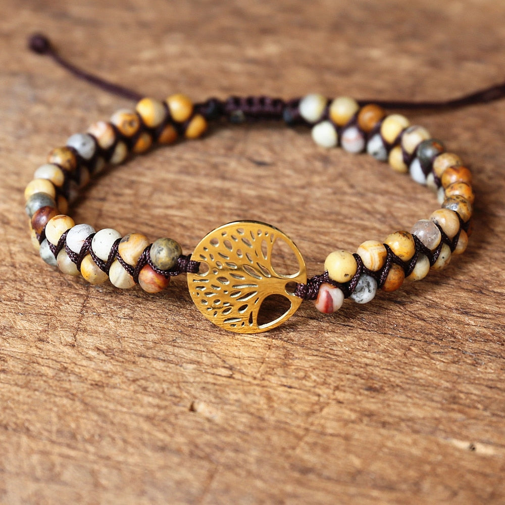 Handmade Natural African Stone Beaded Boho Yoga Wrap Bracelet &amp; Bangle Stainless Steel Tree of Life Braided Charm Bracelet