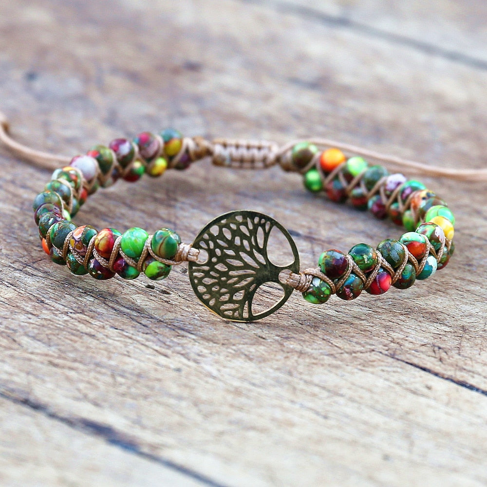 Handmade Natural African Stone Beaded Boho Yoga Wrap Bracelet &amp; Bangle Stainless Steel Tree of Life Braided Charm Bracelet