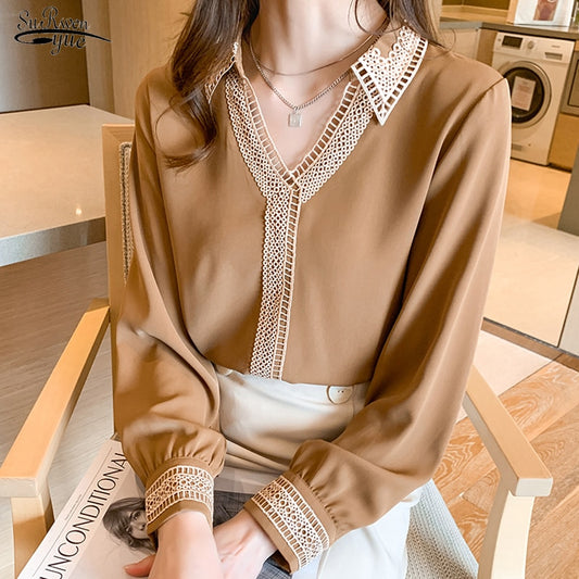 Spring New V-Neck Long Sleeve Solid Tops Chic Hollow Embroidery Splicing Blouse Women Plus Size Satin Silk Shirt Ladies 13094