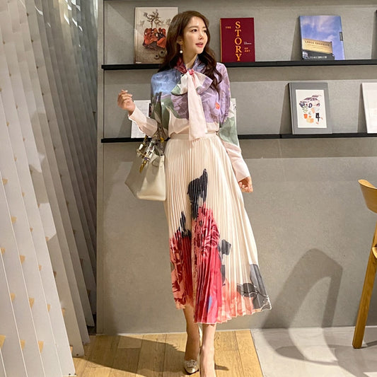 New Summer Women Sets for Work Elegant 2Piece Outfit Long Sleeve Print Blouse and Long pleated Skirt Suit Matching Sets