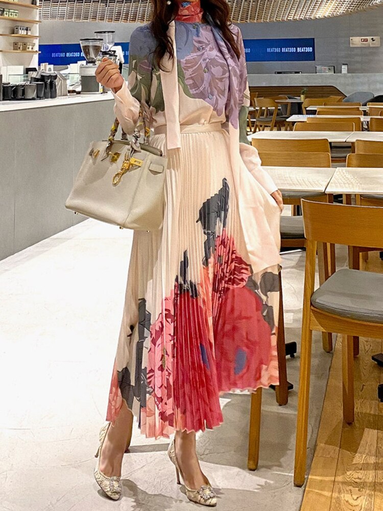 New Summer Women Sets for Work Elegant 2Piece Outfit Long Sleeve Print Blouse and Long pleated Skirt Suit Matching Sets