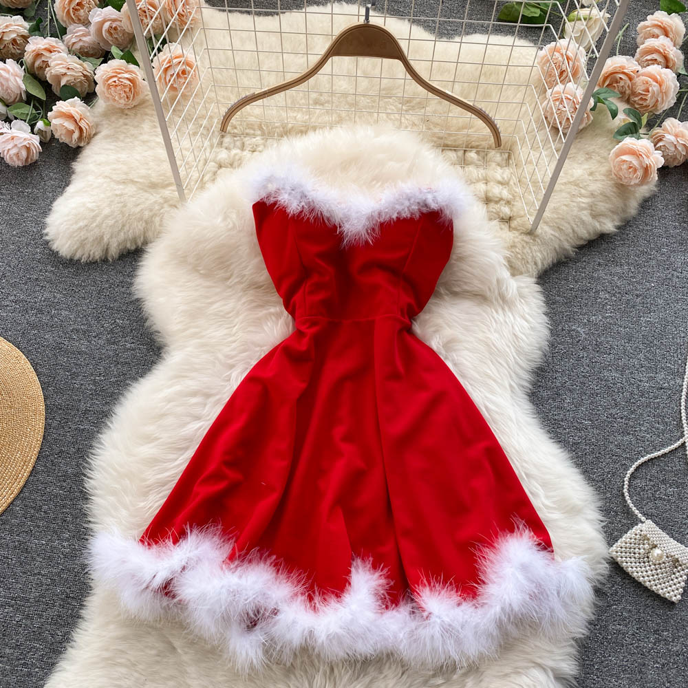 Women Elegant Dress For New Year 2022 Strapless Backless Furry Sexy Short Mini Christmas Dress Navidad Red Party Dress Femme