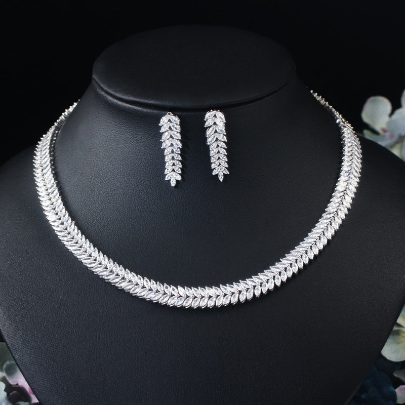 CWWZircons Marquise Cut Colorful Cubic Zirconia Stones Bridal Round Choker Necklace Earring Set for Women Wedding Jewelry T074