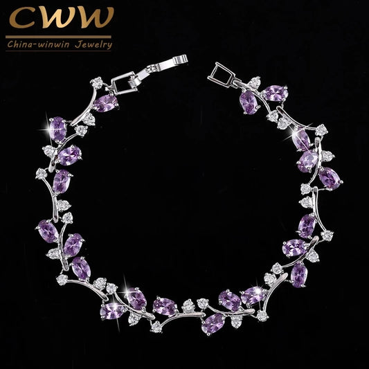 CWWZircons 6 Colors Options White Gold Color Handmade Austrian Crystal Rhinestone Purple Stones Bracelets Bangle for Women CB078