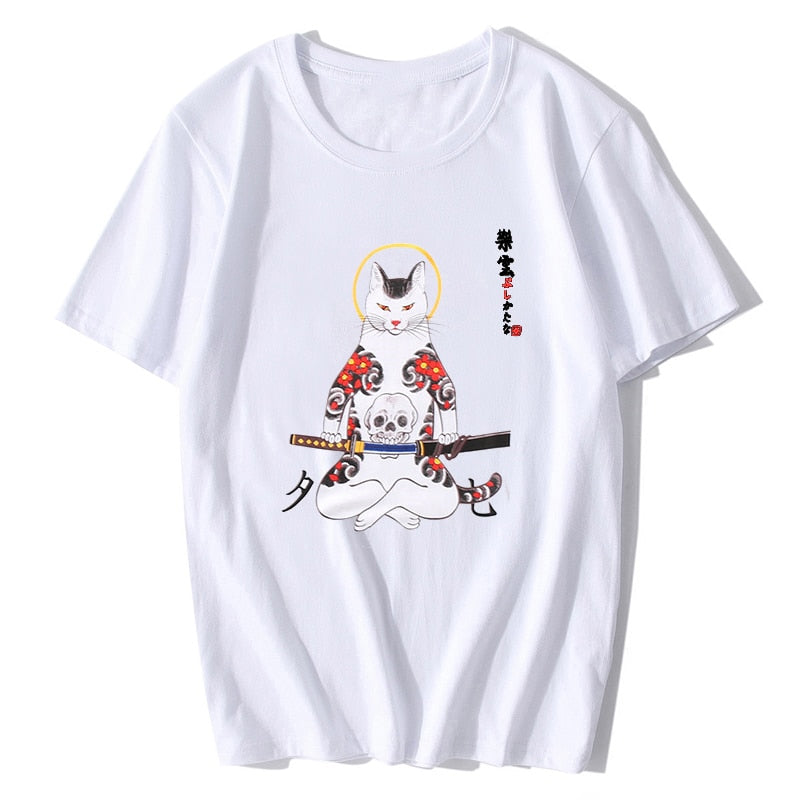 Streetwear Japan Style Ukiyo E Funny Samurai Cat Anime TShirts Mens Short Sleeve T-shirts Hip Hop Japanese Tees Cotton