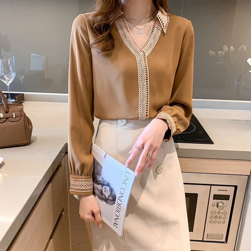 Spring New V-Neck Long Sleeve Solid Tops Chic Hollow Embroidery Splicing Blouse Women Plus Size Satin Silk Shirt Ladies 13094