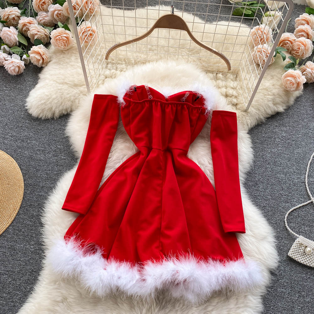 Women Elegant Dress For New Year 2022 Strapless Backless Furry Sexy Short Mini Christmas Dress Navidad Red Party Dress Femme