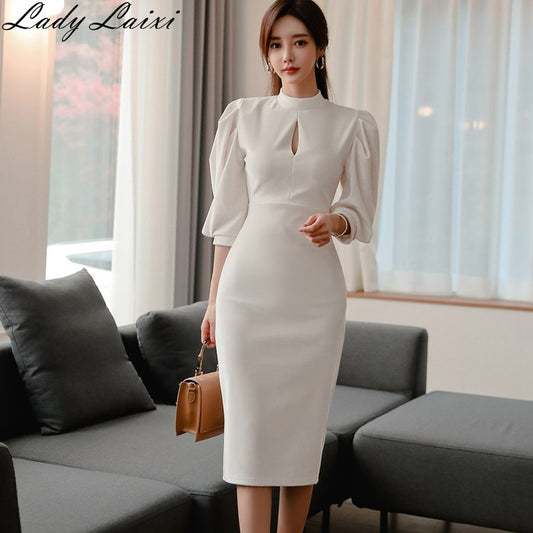 Fashion Stand Collar Puff Sleeve bodycon Dress Female Pencil Dresses Spring Slim Casual Solid color Midi Dress New