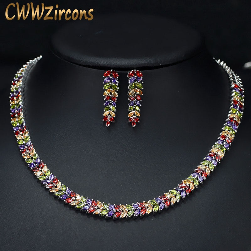 CWWZircons Marquise Cut Colorful Cubic Zirconia Stones Bridal Round Choker Necklace Earring Set for Women Wedding Jewelry T074