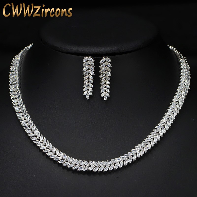 CWWZircons Marquise Cut Colorful Cubic Zirconia Stones Bridal Round Choker Necklace Earring Set for Women Wedding Jewelry T074