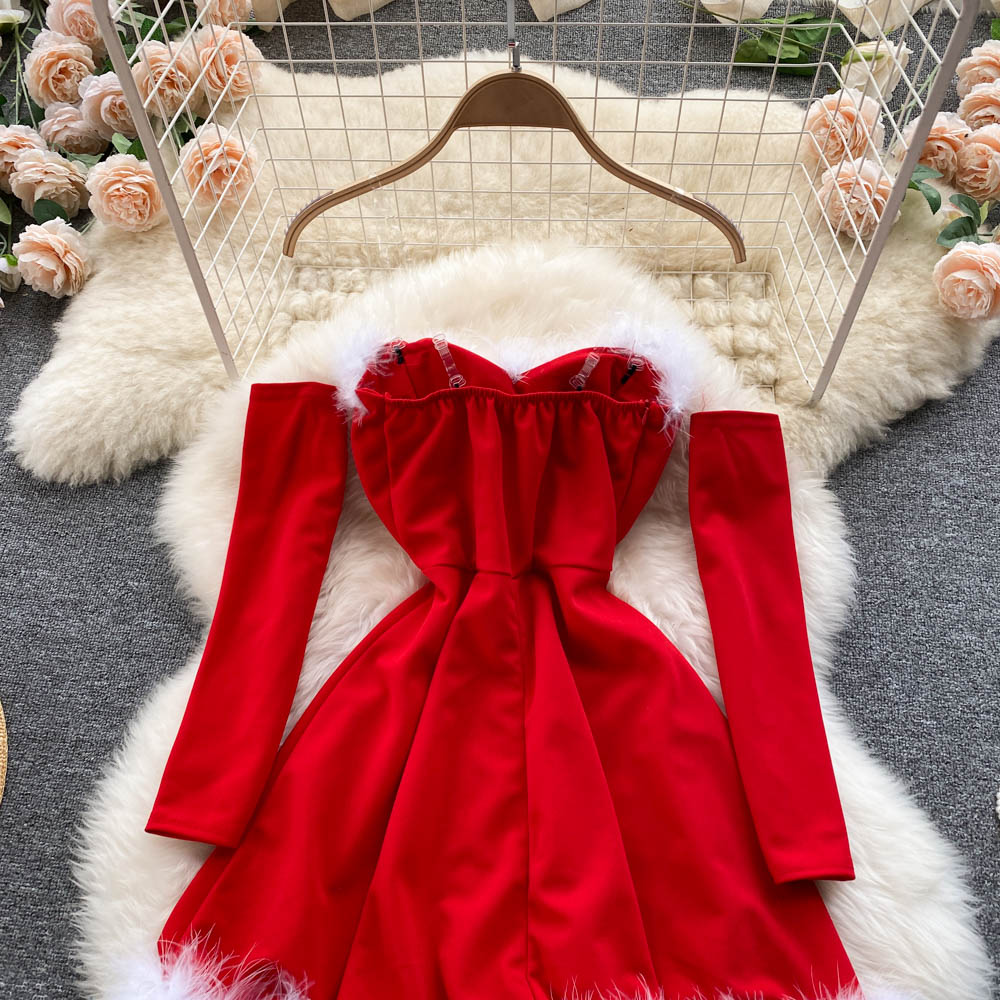 Women Elegant Dress For New Year 2022 Strapless Backless Furry Sexy Short Mini Christmas Dress Navidad Red Party Dress Femme