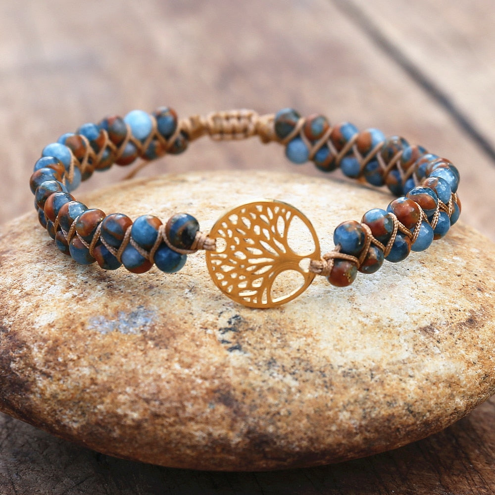 Handmade Natural African Stone Beaded Boho Yoga Wrap Bracelet &amp; Bangle Stainless Steel Tree of Life Braided Charm Bracelet