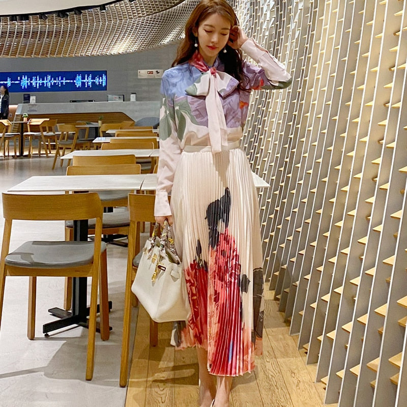 New Summer Women Sets for Work Elegant 2Piece Outfit Long Sleeve Print Blouse and Long pleated Skirt Suit Matching Sets