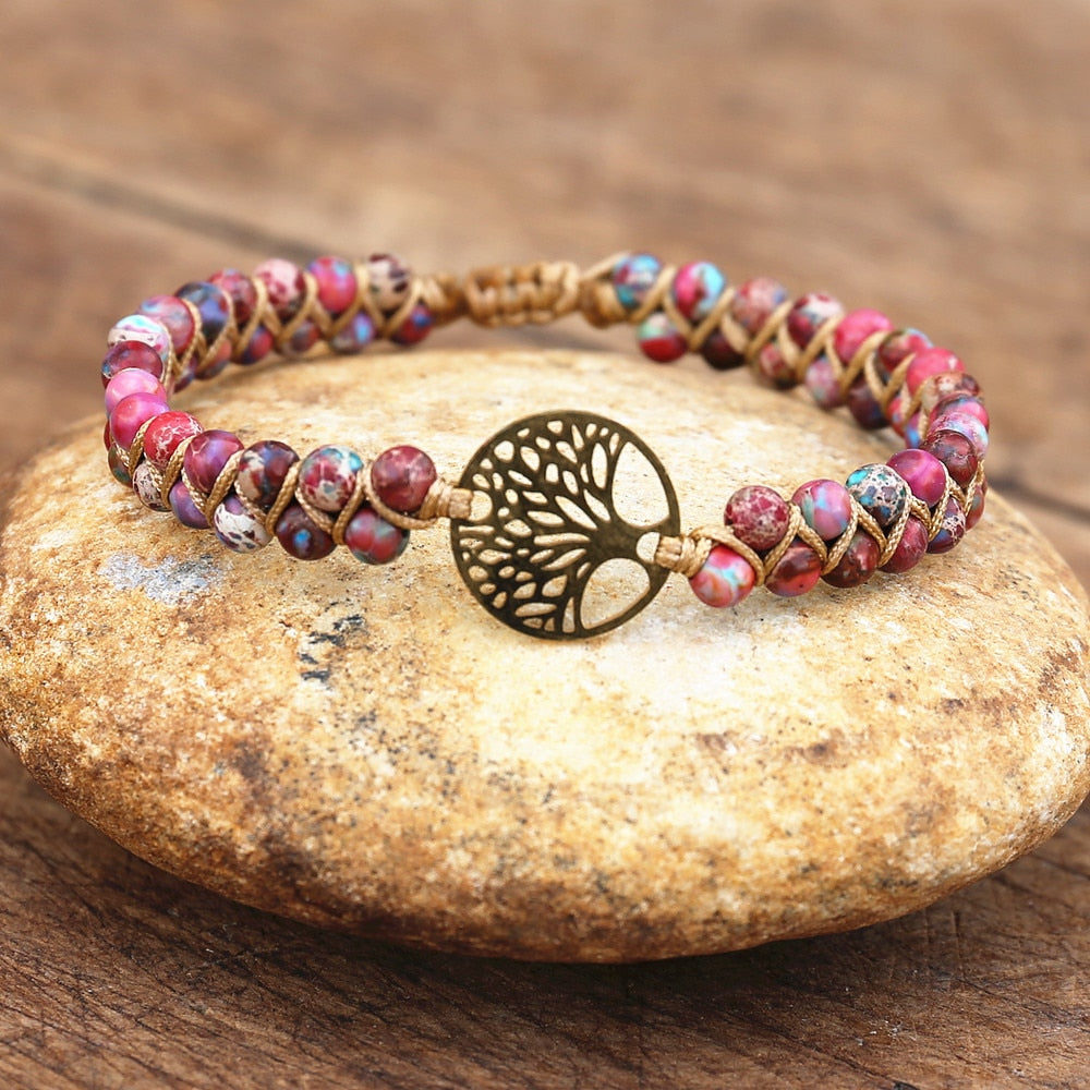 Handmade Natural African Stone Beaded Boho Yoga Wrap Bracelet &amp; Bangle Stainless Steel Tree of Life Braided Charm Bracelet