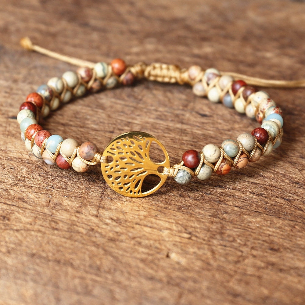 Handmade Natural African Stone Beaded Boho Yoga Wrap Bracelet &amp; Bangle Stainless Steel Tree of Life Braided Charm Bracelet