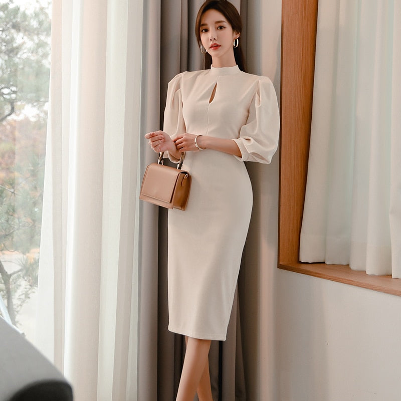 Fashion Stand Collar Puff Sleeve bodycon Dress Female Pencil Dresses Spring Slim Casual Solid color Midi Dress New