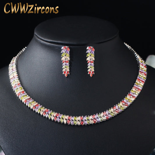 CWWZircons Marquise Cut Colorful Cubic Zirconia Stones Bridal Round Choker Necklace Earring Set for Women Wedding Jewelry T074