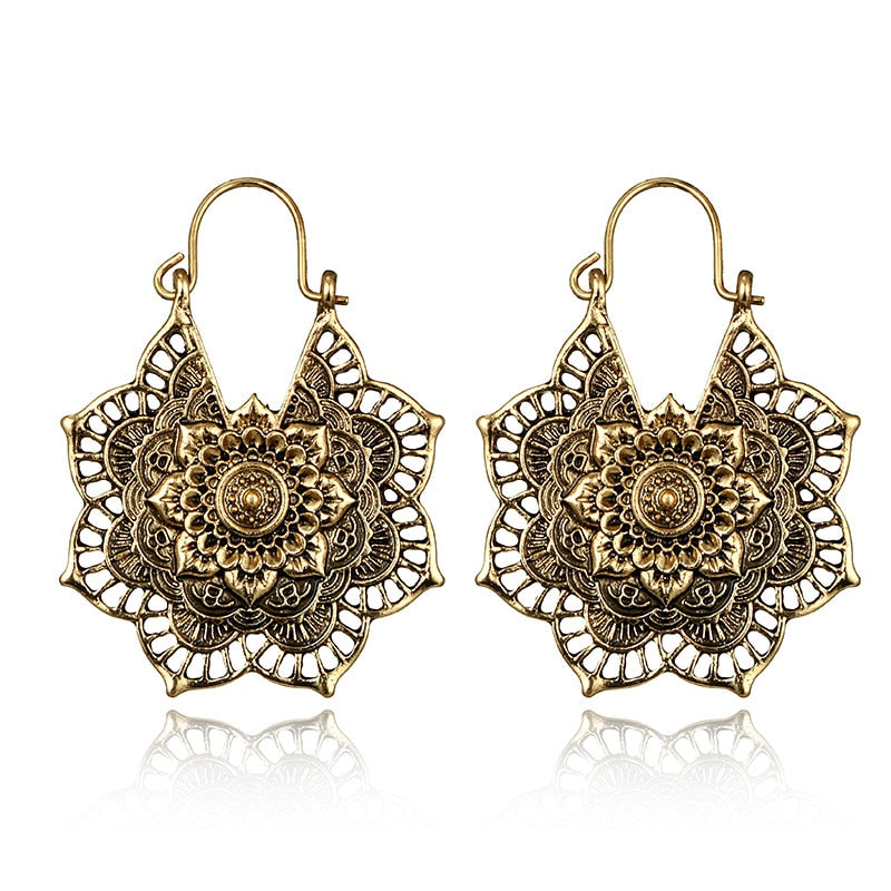 Lotus Skull Mandala Bee Flower Earrings For Women Tribal Brass Gold Hoop Earrings Elegant Boho Ethnic Earrings серьги кольца