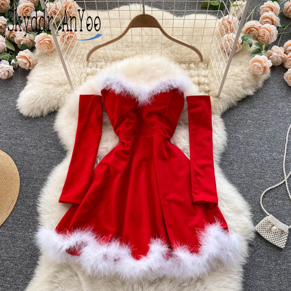 Women Elegant Dress For New Year 2022 Strapless Backless Furry Sexy Short Mini Christmas Dress Navidad Red Party Dress Femme