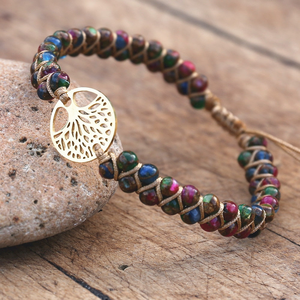 Handmade Natural African Stone Beaded Boho Yoga Wrap Bracelet &amp; Bangle Stainless Steel Tree of Life Braided Charm Bracelet