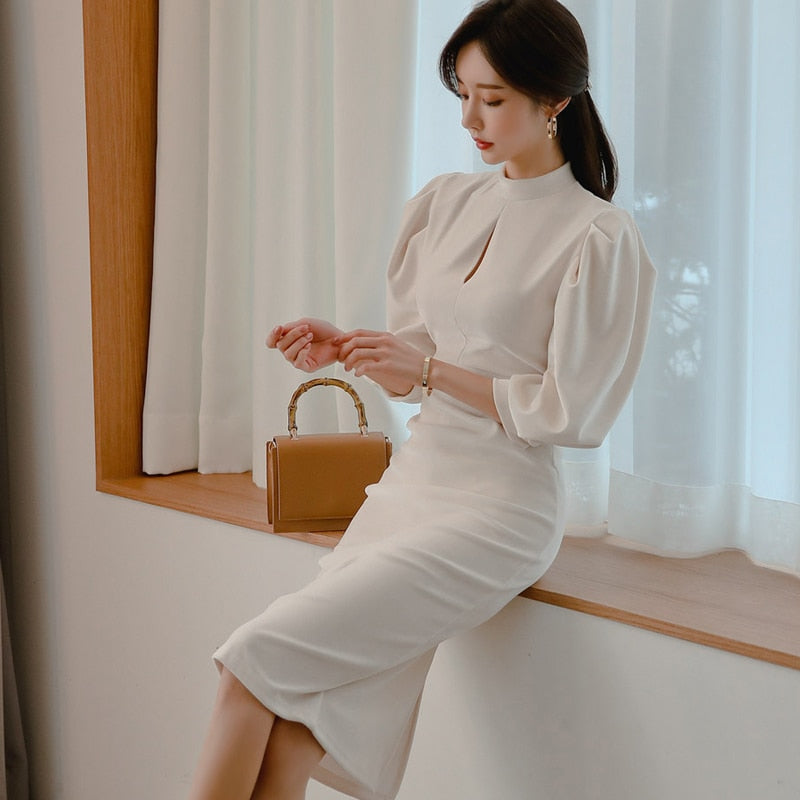 Fashion Stand Collar Puff Sleeve bodycon Dress Female Pencil Dresses Spring Slim Casual Solid color Midi Dress New