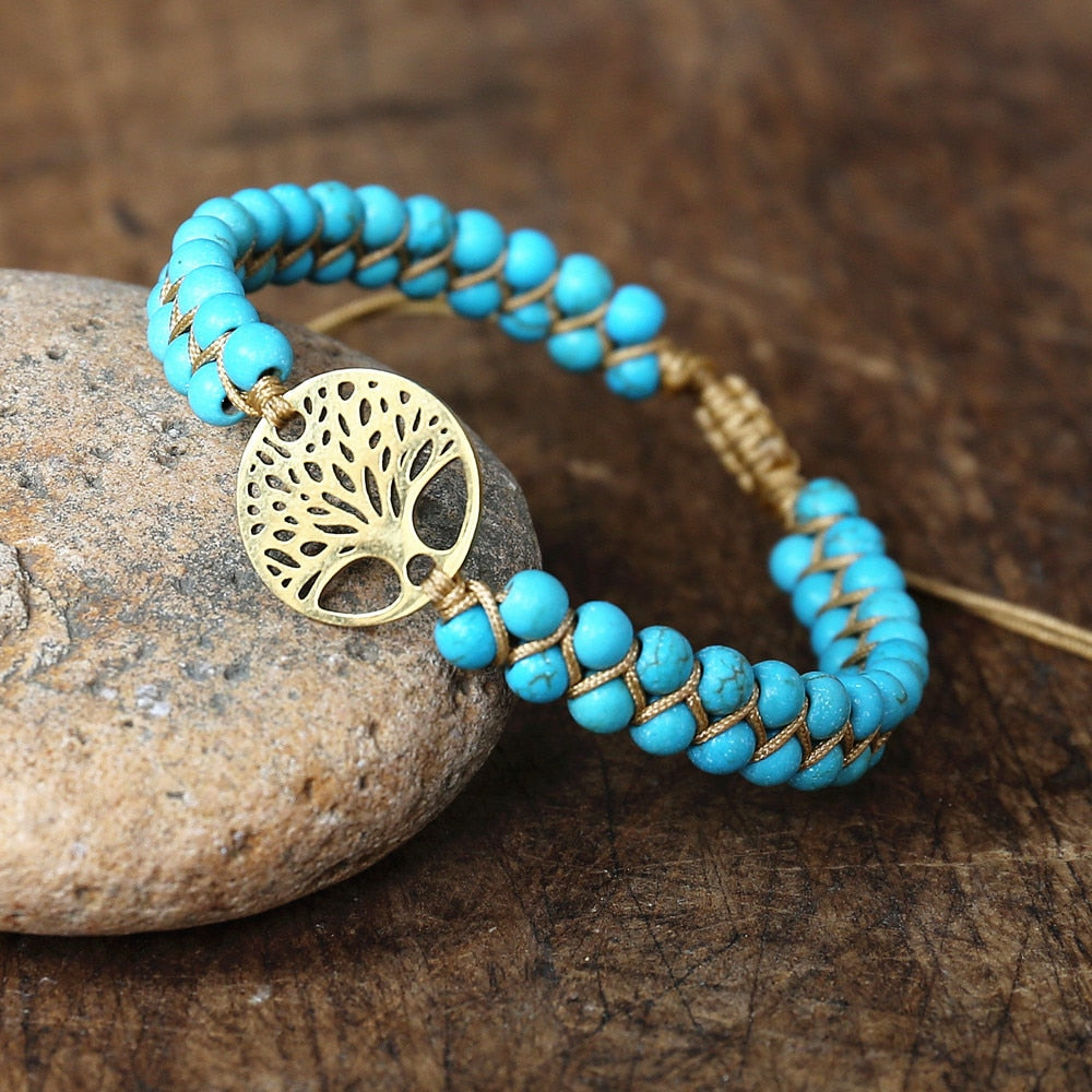 Handmade Natural African Stone Beaded Boho Yoga Wrap Bracelet &amp; Bangle Stainless Steel Tree of Life Braided Charm Bracelet