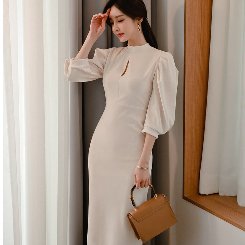 Fashion Stand Collar Puff Sleeve bodycon Dress Female Pencil Dresses Spring Slim Casual Solid color Midi Dress New