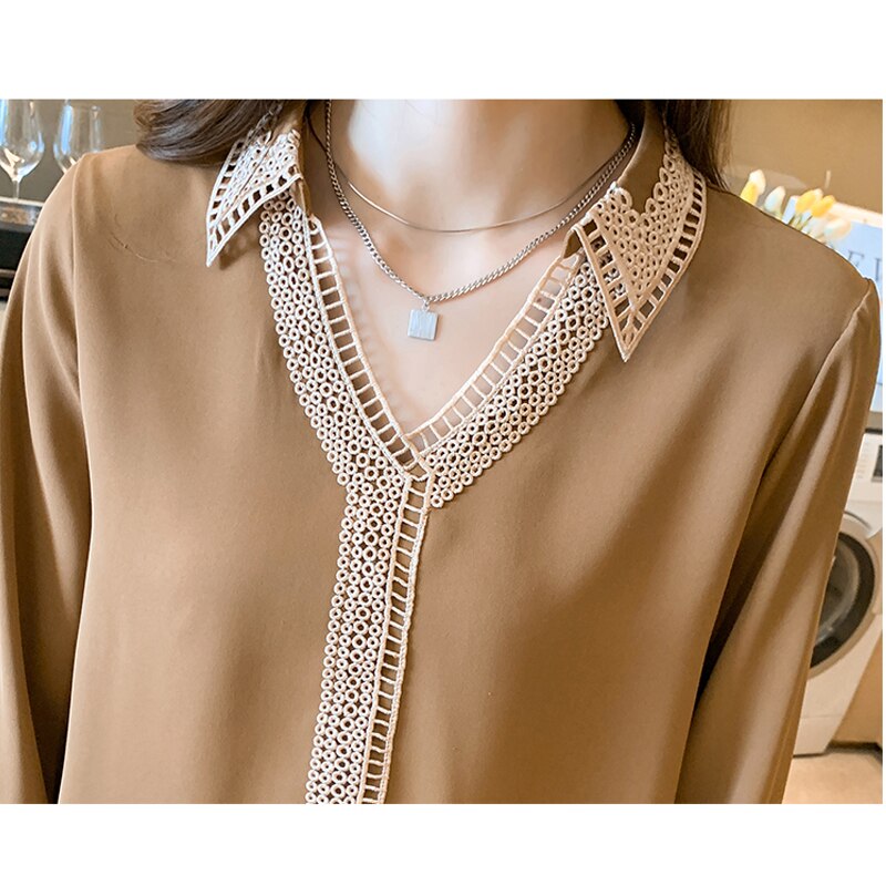 Spring New V-Neck Long Sleeve Solid Tops Chic Hollow Embroidery Splicing Blouse Women Plus Size Satin Silk Shirt Ladies 13094