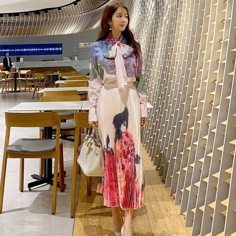 New Summer Women Sets for Work Elegant 2Piece Outfit Long Sleeve Print Blouse and Long pleated Skirt Suit Matching Sets