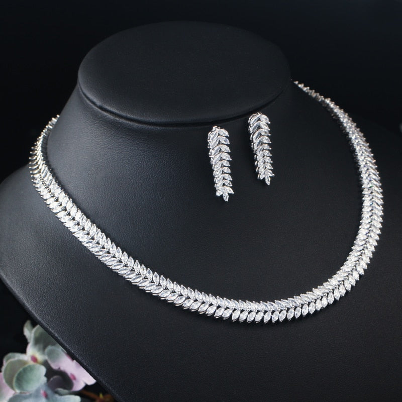 CWWZircons Marquise Cut Colorful Cubic Zirconia Stones Bridal Round Choker Necklace Earring Set for Women Wedding Jewelry T074