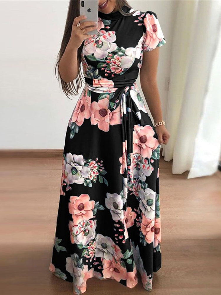 Women Summer Maxi Dress 2022 Casual Short Sleeve Boho Floral Print Long Dress Turtleneck Bandage Elegant Party Dresses Vestidos