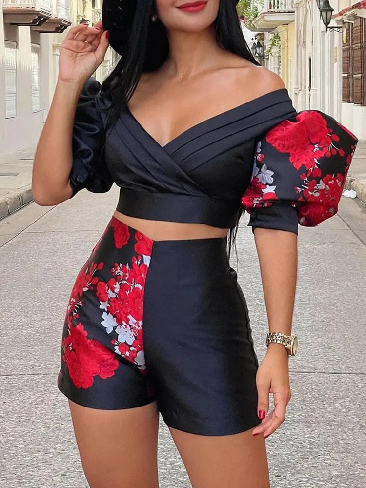 Floral Print Lantern Sleeve V Neck Crop Tops & Shorts Set Summer Women Two Piece Set Outfits