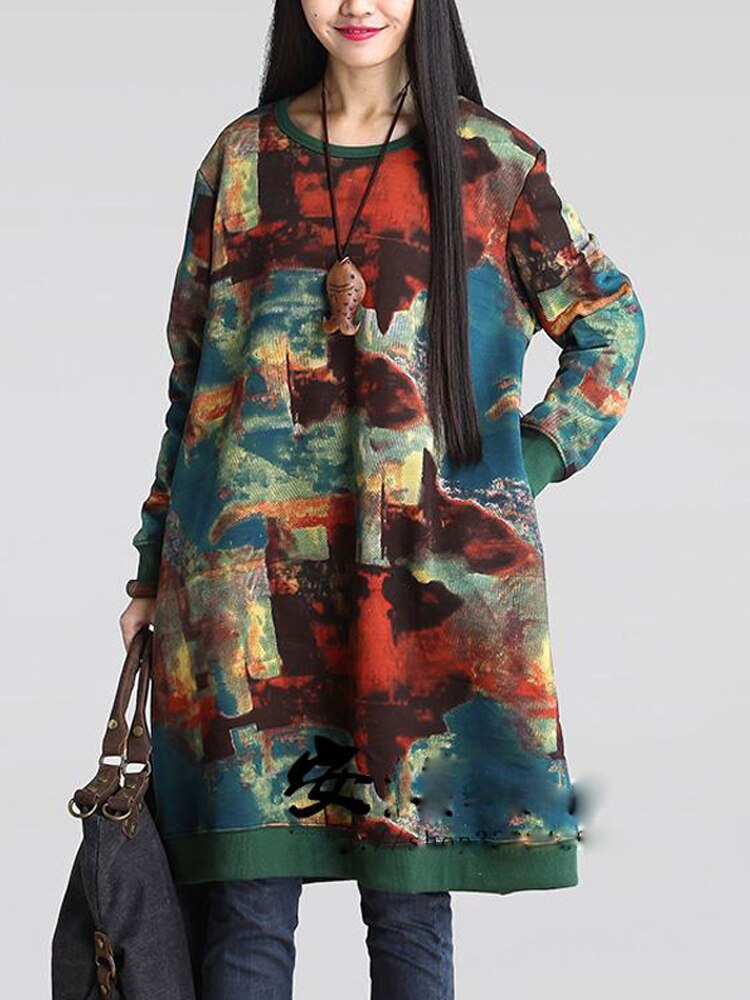 2022 New Autumn Winter Women Dress Oversized O-Neck Thick Velvet Outwear Graffiti Print Woolen Hoodies Plush Midi Dresses