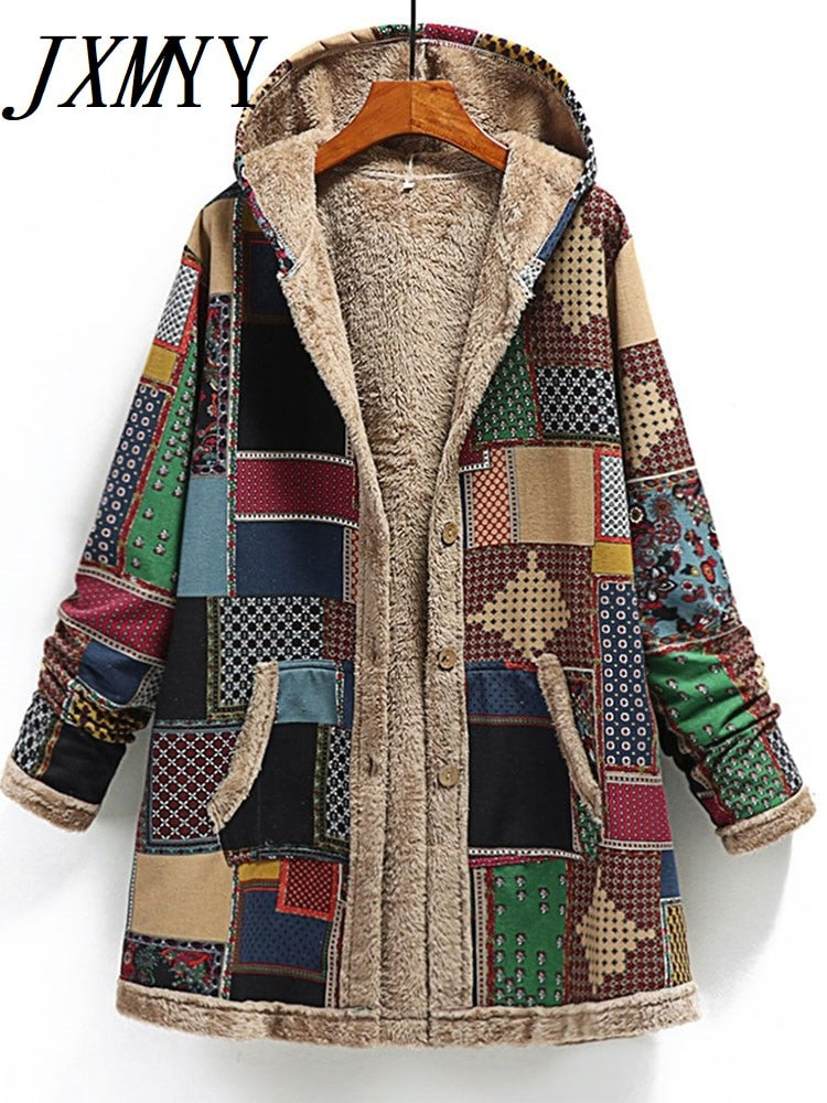 2022 Winter Vintage Women Coat Warm Printing Thick Fleece Hooded Long Jacket with Pocket Ladies Outwear Loose Coat for Women