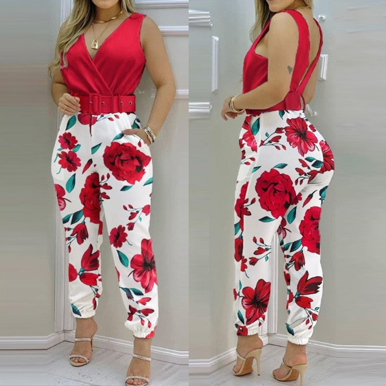 Women Jumpsuits 2022 Sleeveless V-Neck Boho Floral Print Wide Leg Long Pants Rompers Ladies Spaghetti Strap Plus Size Trousers