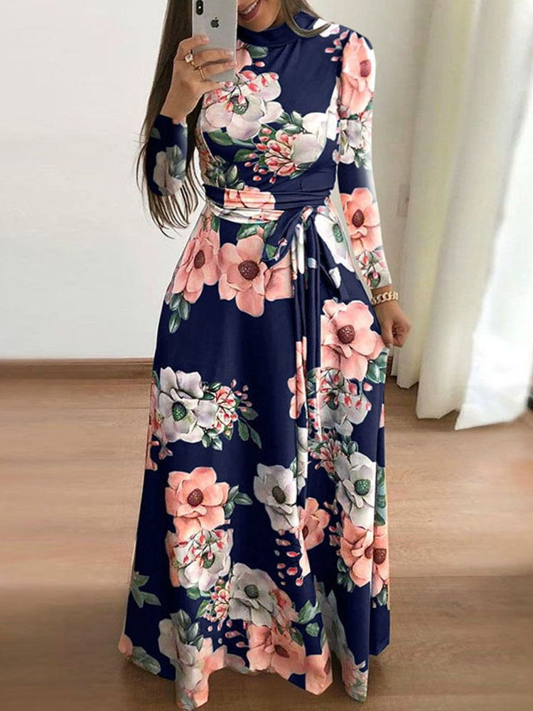 Women Summer Maxi Dress 2022 Casual Short Sleeve Boho Floral Print Long Dress Turtleneck Bandage Elegant Party Dresses Vestidos