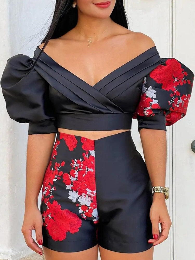 Floral Print Lantern Sleeve V Neck Crop Tops & Shorts Set Summer Women Two Piece Set Outfits