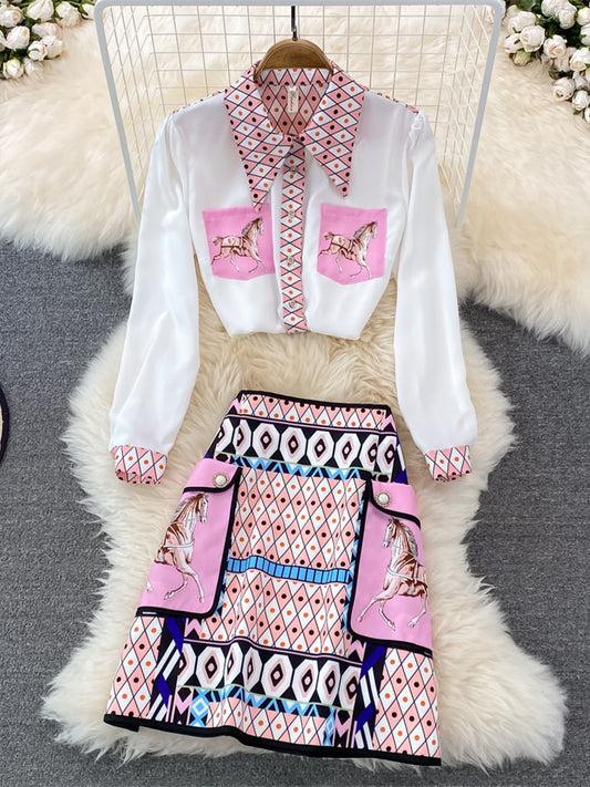 New 2022 Fashion Runway Summer Skirt Suit Women&#39;s Horse Geometry Print Blouse And A Line Pocket Buttons Skirt 2 Two Piece Set