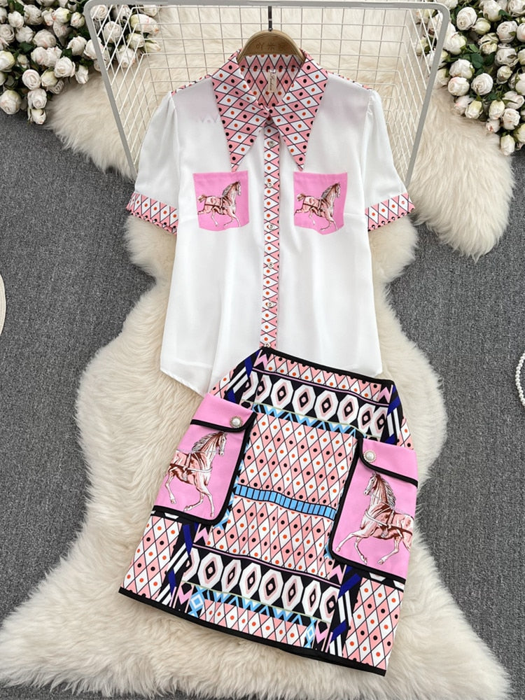 New 2022 Fashion Runway Summer Skirt Suit Women&#39;s Horse Geometry Print Blouse And A Line Pocket Buttons Skirt 2 Two Piece Set