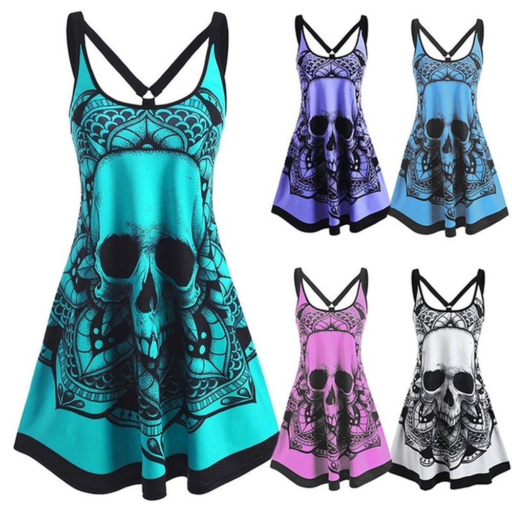 Summer Gothic Dress for Women Goth Skull Print Vestido Feminino Sleeveless Camis Tank Tops Casual Dresses Sexy Strap Mini Dress