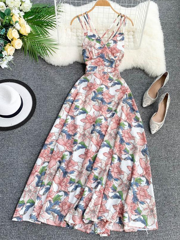 Fitaylor Summer Women Floral Print Long Dress Sexy V-neck Backless Dress Female Elegant Bohemian Party Dress