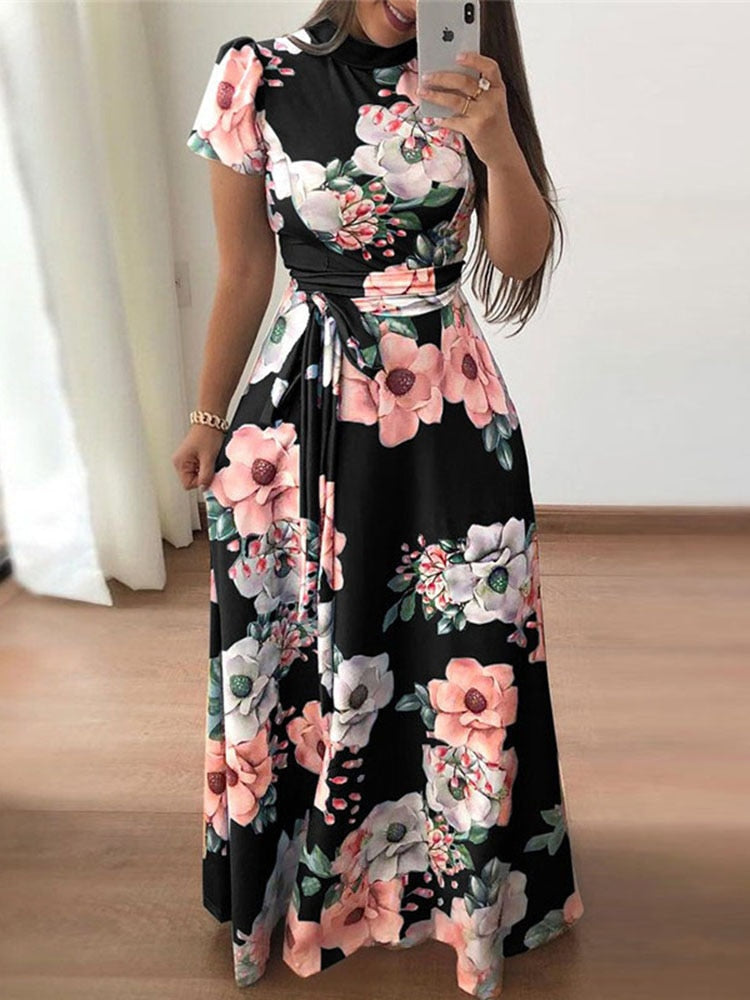 Women Summer Maxi Dress 2022 Casual Short Sleeve Boho Floral Print Long Dress Turtleneck Bandage Elegant Party Dresses Vestidos