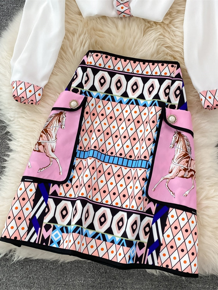 New 2022 Fashion Runway Summer Skirt Suit Women&#39;s Horse Geometry Print Blouse And A Line Pocket Buttons Skirt 2 Two Piece Set