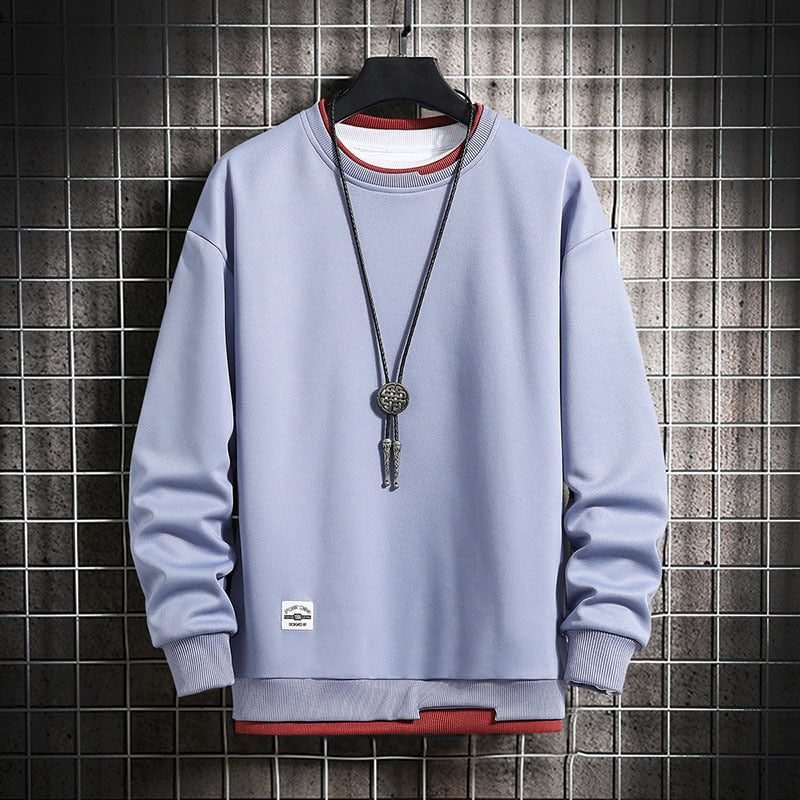 Men Casual Sweatshirts Hoodie Men Fake Two Pieces Multi Color O-Neck Fashion Harajuku Style Male Sweatshirt 2022 New