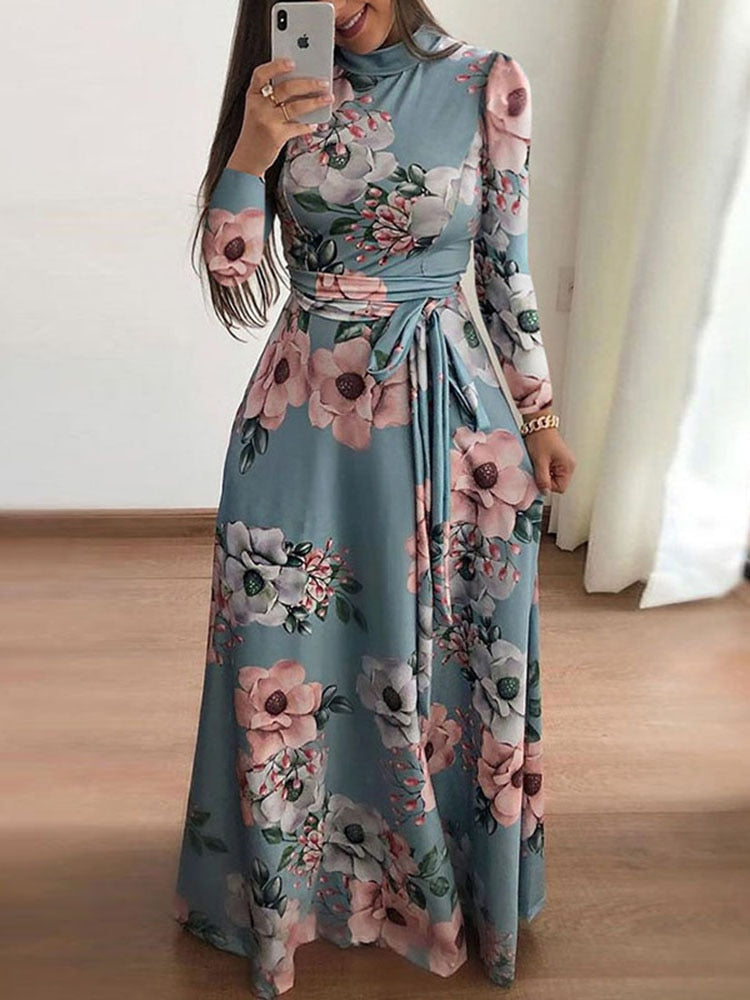 Women Summer Maxi Dress 2022 Casual Short Sleeve Boho Floral Print Long Dress Turtleneck Bandage Elegant Party Dresses Vestidos