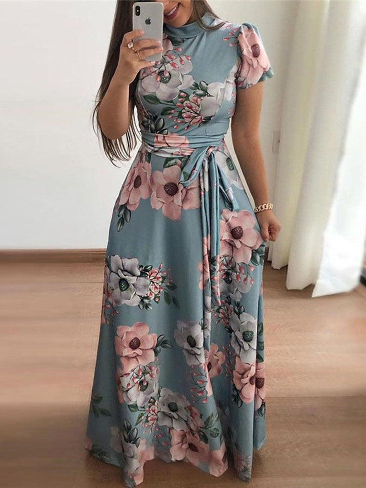 Women Summer Maxi Dress 2022 Casual Short Sleeve Boho Floral Print Long Dress Turtleneck Bandage Elegant Party Dresses Vestidos